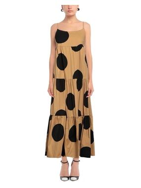 Vanessa Scott Tiered Maxi Dress in Tan with Black Polka Dots, size M